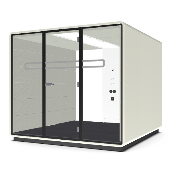 Hush Meet L Pod (3 Modules), White case, White middle column, Clear glass, Pelikan wool, Flame retardant foam, Anodized Aluminium hinges/handles