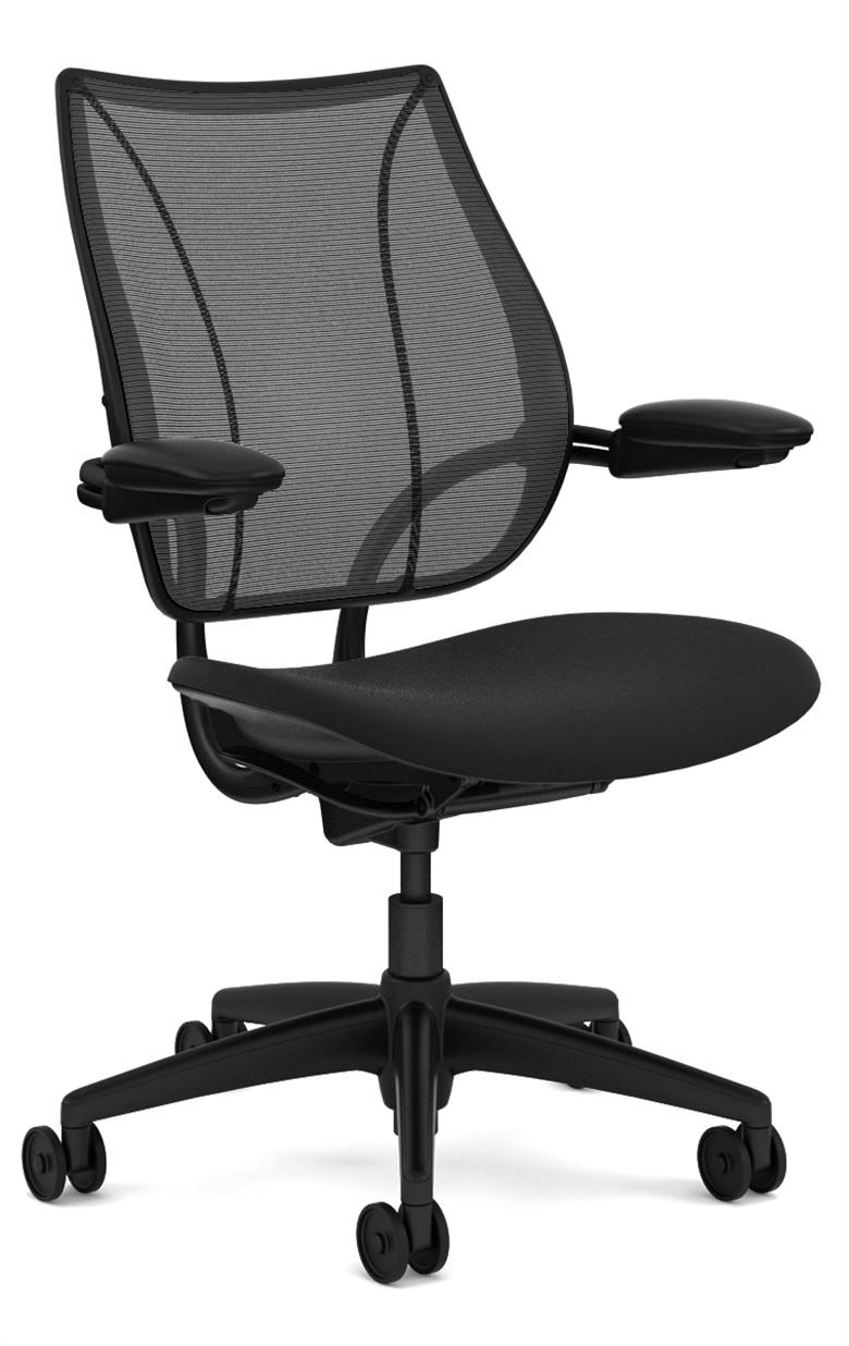 Humanscale Liberty Task, Adjustable Duron Arms, Monofilament Back Mesh in Black, Oxygen Seat in Black, Black Frame