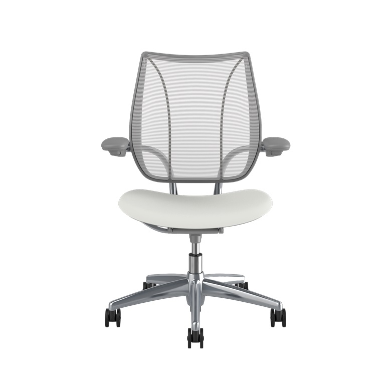 Humanscale Liberty Task, Adjustable Duron Arms, Pinstripe Back Mesh in White, Lotus Seat in White, Polished Aluminium/Silver Trim Frame