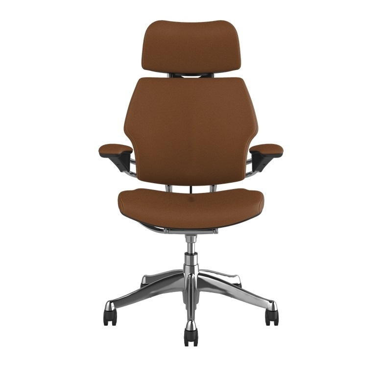 Humanscale Freedom w Headrest, Standard Duron Arms with Textile, Corvara Leather in Tan, Polished Aluminium Frame