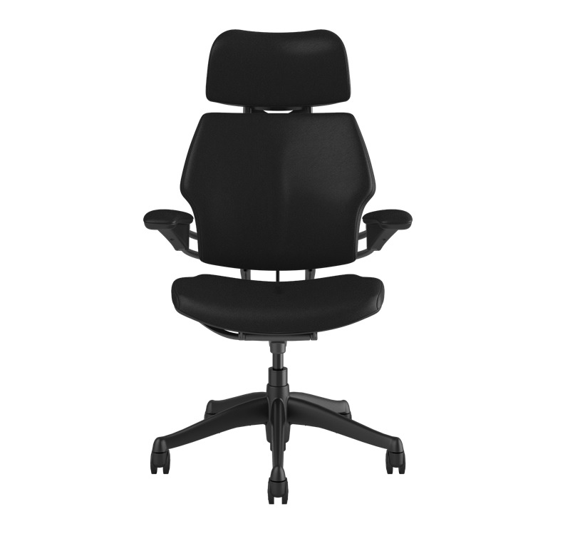 Humanscale Freedom w Headrest, Standard Duron Arms with Textile, Ticino Leather in Black, Black Frame