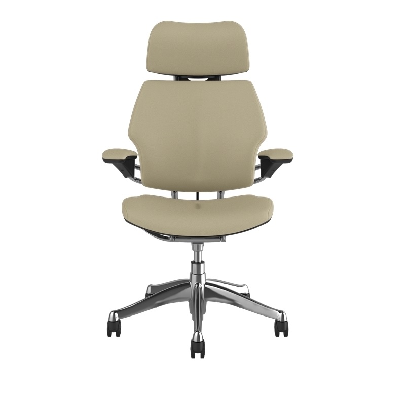 Humanscale Freedom w Headrest, Advanced Duron Arms with Textile, Corvara Leather in Mineral, Polished Aluminium Frame