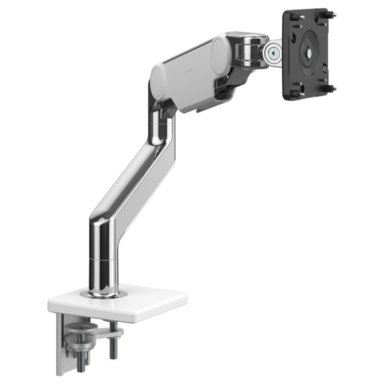 Humanscale M10 Single Monitor Arm using an Angled/Dynamic arm link, Clamp Mount in Polished Aluminium with White Trim