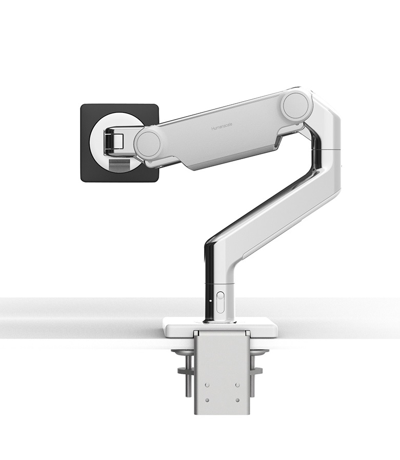 Humanscale M8.1 Single Monitor Arm using an Angled/Dynamic arm link, Clamp Mount in Polished Aluminium with White Trim