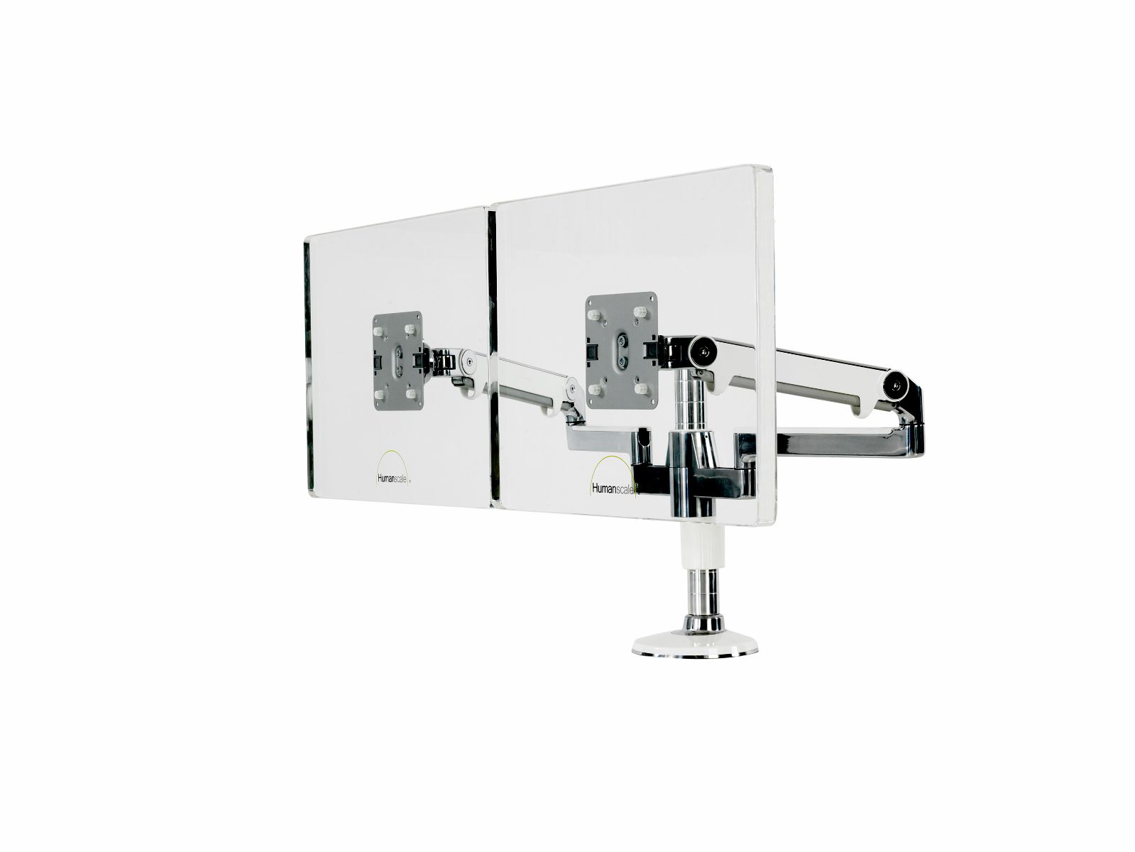 Humanscale Mflex in Dual configuration using M2 Light 8"Straight/Dynamic arm links, Clamp Mount and 12" Post in Polished Aluminium with White Trim