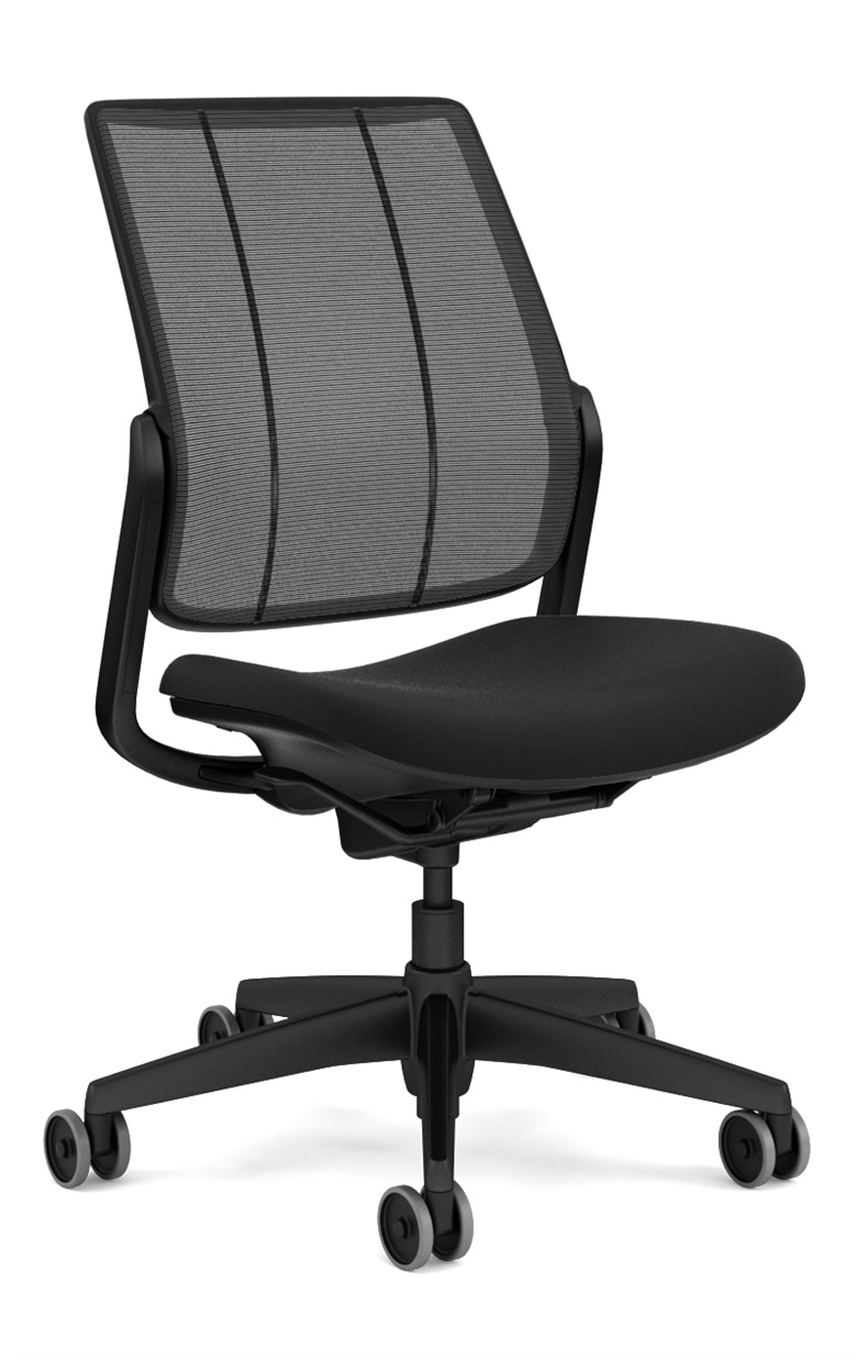 Humanscale Smart Task, Armless, Monofilament Back Mesh in Black, Oxygen Seat in Black, Black Frame