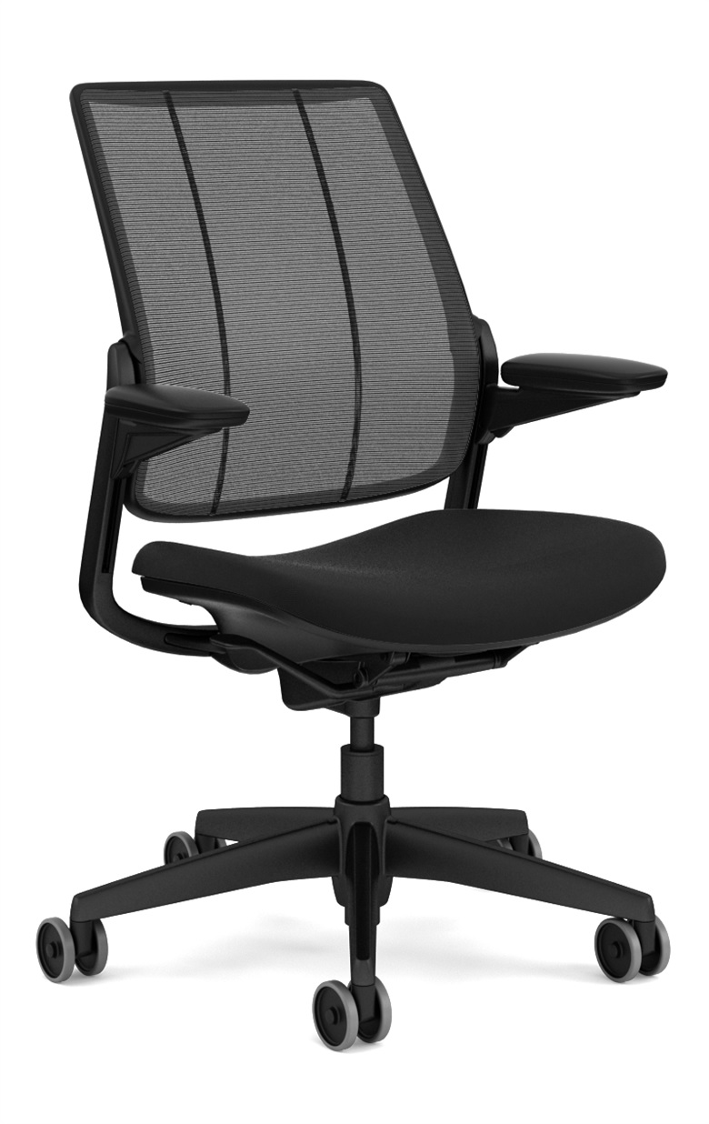 Humanscale Smart Task, Adjustable Duron Arms, Monofilament Back Mesh in Black, Oxygen Seat in Black, Black Frame