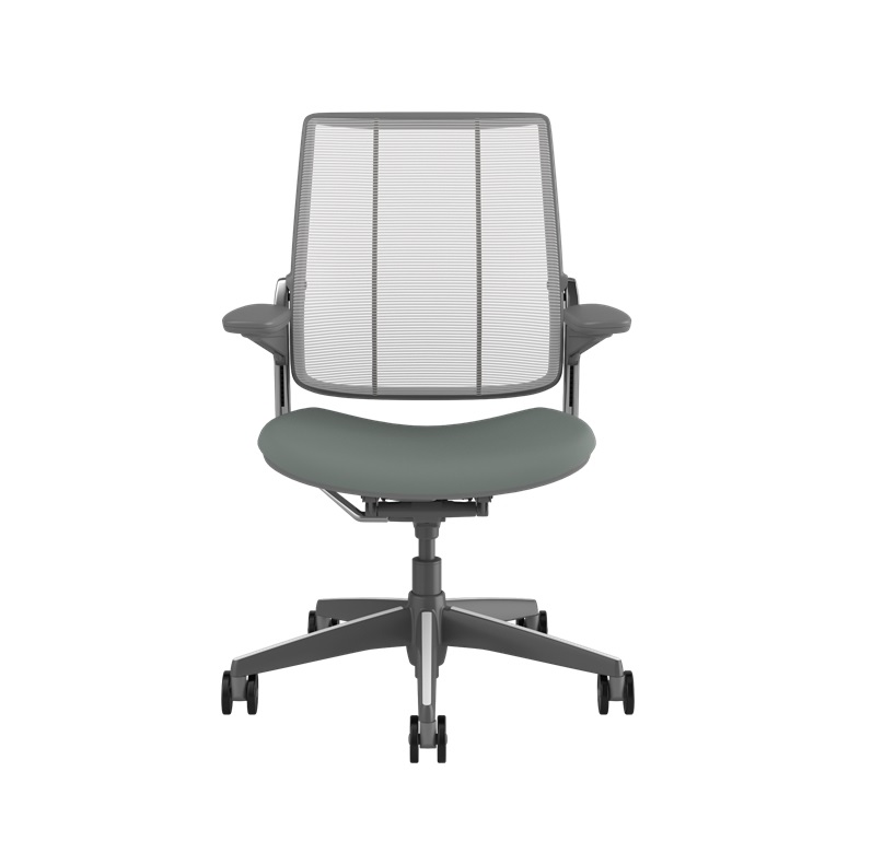 Humanscale Smart Task, Adjustable Duron Arms, Pinstripe Back Mesh in White, Lotus Seat in Shale (Mid-Grey), Dark Grey Frame w Polished Aluminium Trim