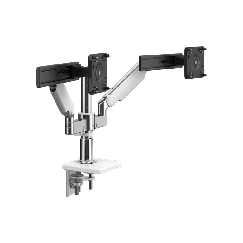 Humanscale MFlex in Dual configuration using M2.1 Dynamic arm links with Sliders, Clamp Mount and 12" Post in Polished Aluminium with White Trim